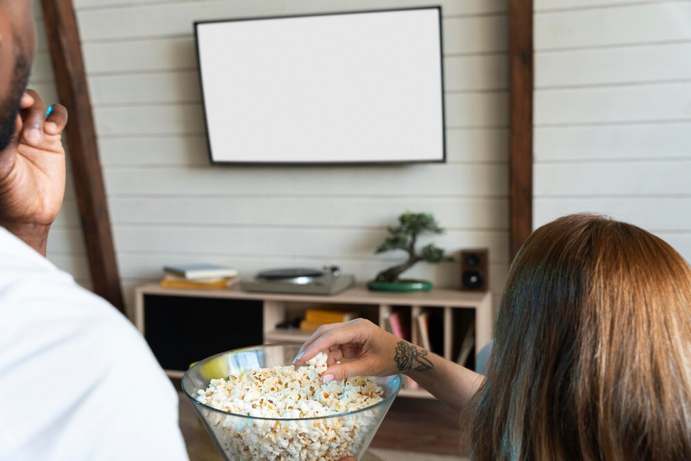 A imagem ilustra um casal comendo pipoca em uma sala de cinema residencial decorada.