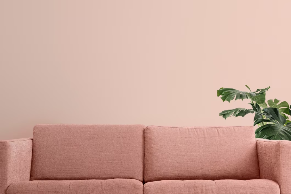 A imagem ilustra um sofá rosa e uma cor de parede para sala rosa.