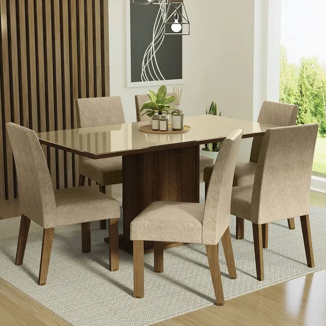 Mesa de jantar retangular Madesa, com tampo de vidro e 6 cadeiras na cor crema.