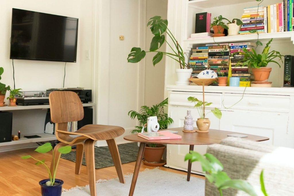 Sala de estar decorada com plantas como exemplo de como decorar um apartamento alugado.