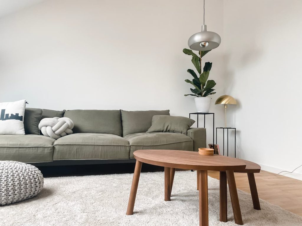 Ambiente clean com poucos móveis e decorado com alguns vasos de planta, exemplo do estilo escandinavo.