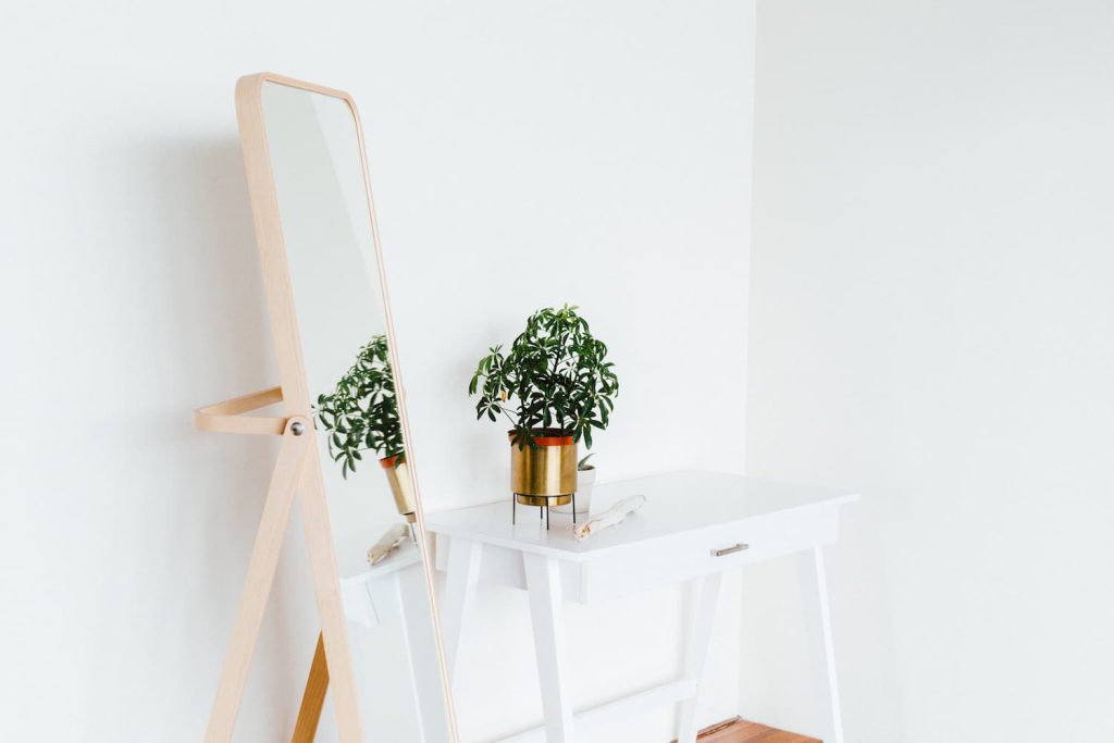 Ambiente minimalista, um dos principais estilos de decoração, com predominância da cor branca, espelhos e um vaso de plantas.