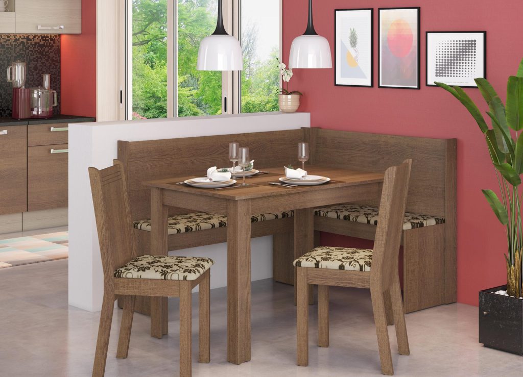 A imagem ilustra um canto alemão moderno composto por uma mesa, duas cadeiras e dois banco de dois lugares cada.