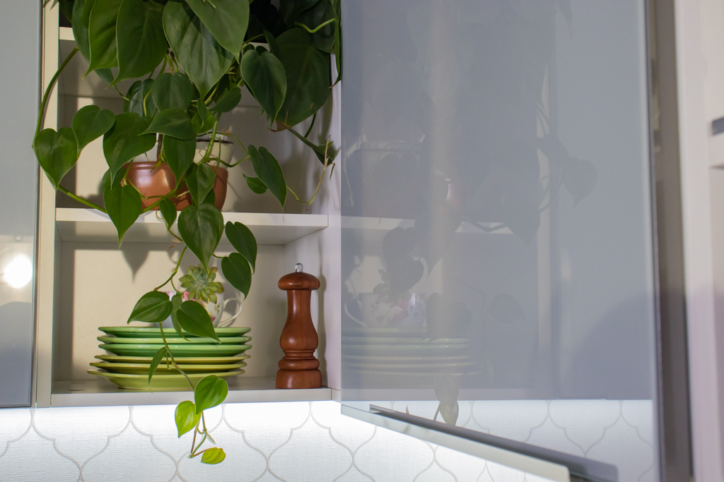 A imagem ilustra um armário de cozinha aberto com pratos verdes e uma folhagem de planta sobre ele, destacando um estilo de cozinha delicado.