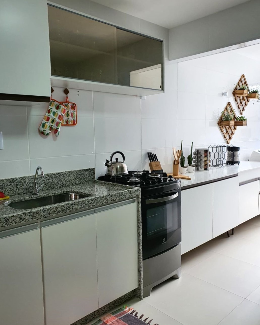 Imagem interna de uma cozinha, com dois vasos de planta suspensos na parede ao fundo