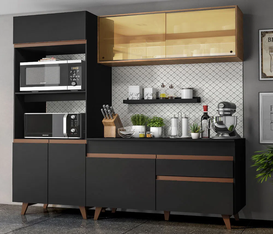 A imagem ilustra os armários de cozinha compacta da linha Reims, na cor preta.
