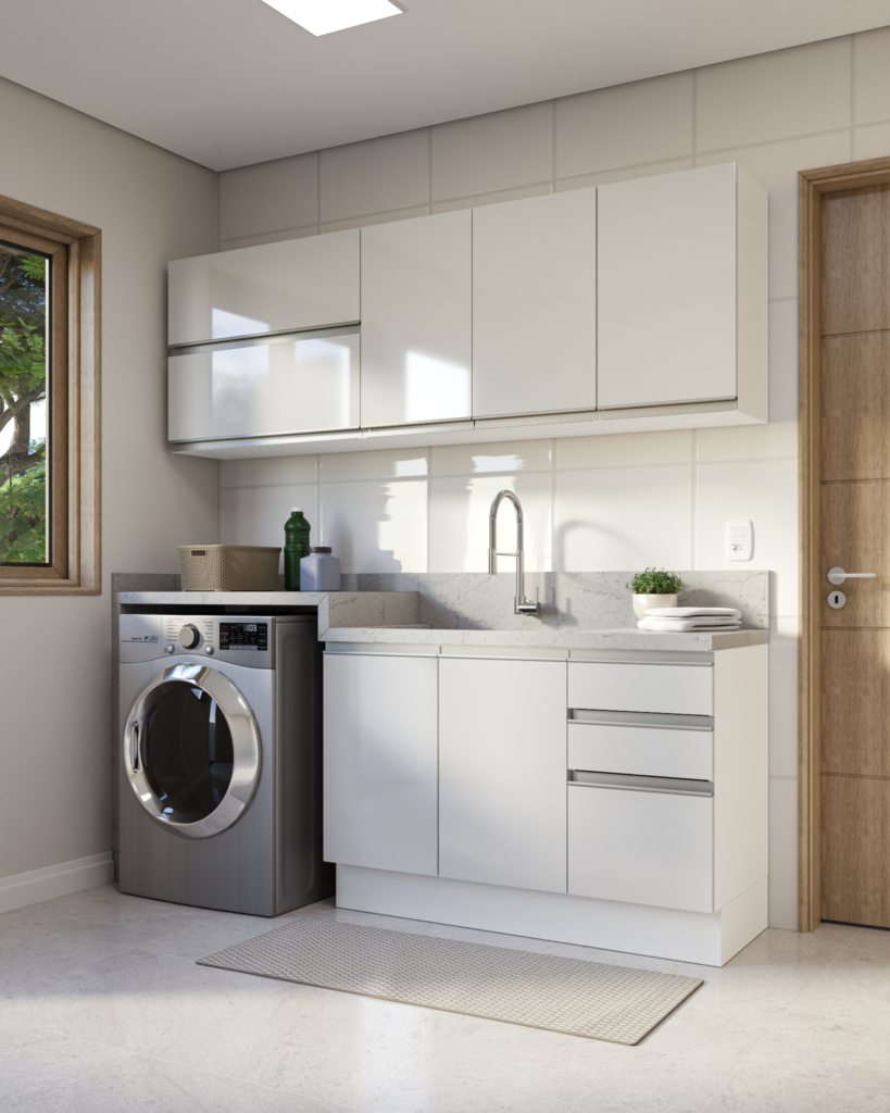 A imagem ilustra uma lavanderia moderna com armários brancos e uma sala e seca prateada.