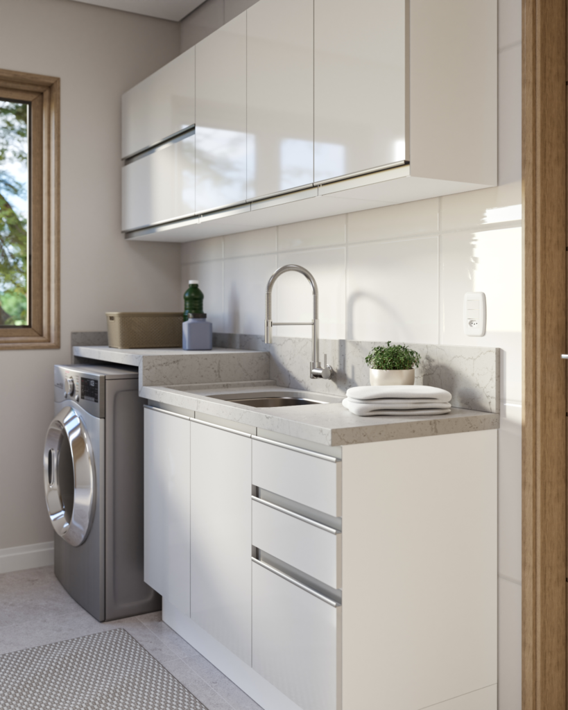 A imagem ilustra uma lavanderia moderna com bancada e armários brancos e uma lava e seca prateada.