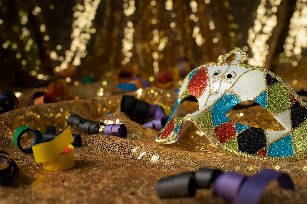 A imagem ilustra uma máscara colorida de festa tema carnaval.