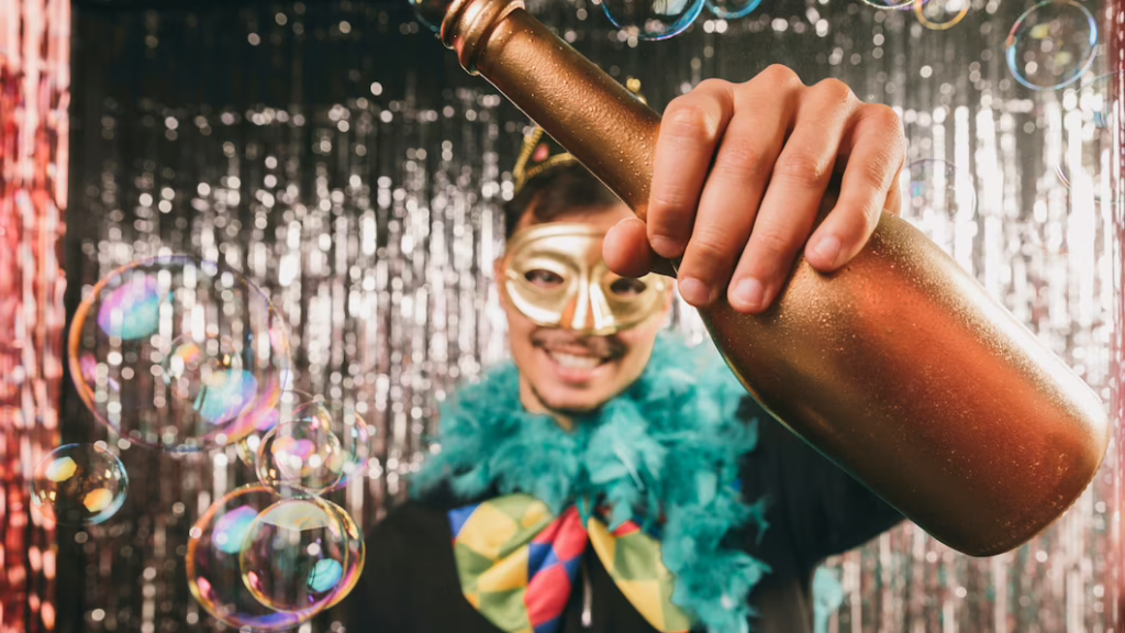 A imagem ilustra um jovem rapaz vestido para uma festa tema carnaval, segurando uma garrafa dourada na mão.
