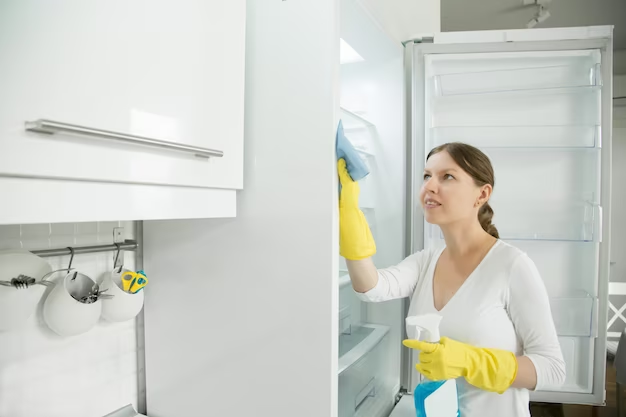 A imagem ilustra uma mulher limpando uma geladeira organizada.