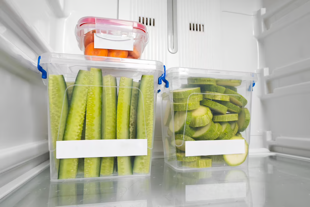A imagem ilustra potes transparentes com vegetais verdes dentro de uma geladeira organizada.
