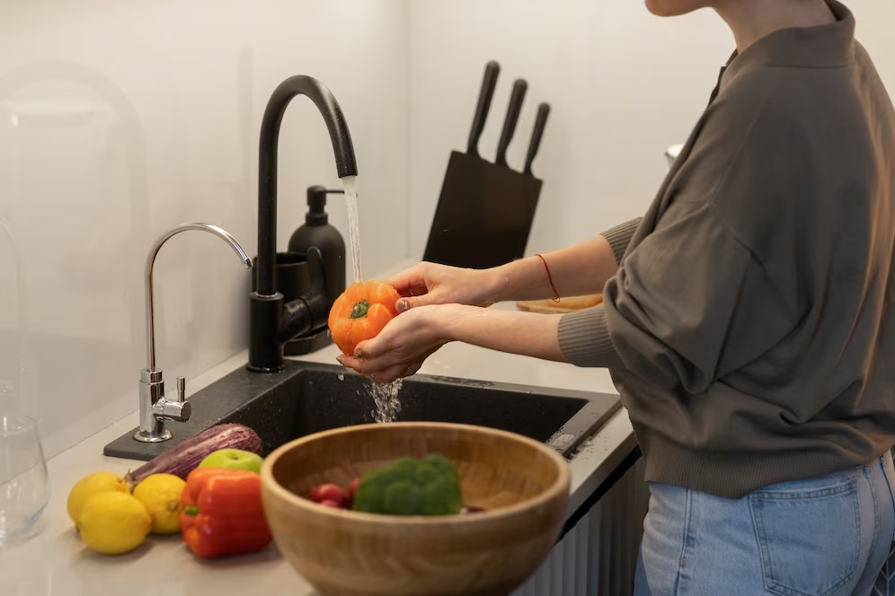 A imagem ilustra uma mulher lavando frutas e vegetais para deixar a sua geladeira organizada.