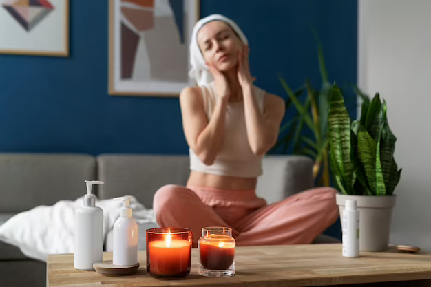 A imagem ilustra uma mulher em um ambiente com velas, plantas e cores claras, representando um spa em casa como presente para o dia das mães.