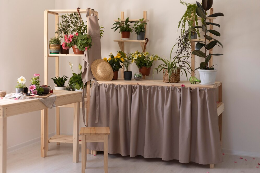 A imagem ilustra uma sala com mesas e flores sobre elas. Uma das mesas tem a parte de baixo coberta por uma cortina feita com restos de pano cinza, simbolizando ideias de reciclagem e como reaproveitar materiais para decoração.