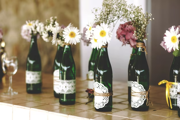 A imagem ilustra garrafas de vidro verdes decoradas com flores como um exemplo de ideias de reciclagem.
