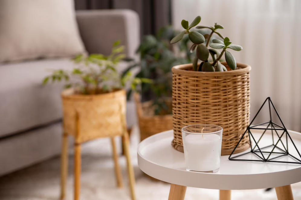 A imagem ilustra uma mesa de madeira com a tampa branca, em cima dela há um vaso feito de bambu com plantas e ao fundo um sofá cinza, simbolizando as ideias de reciclagem.