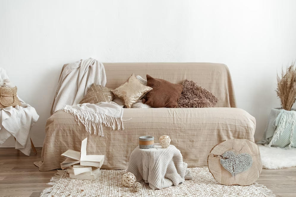 A imagem ilustra um sofá com almofadas e uma manta branca em tons terrosos para o look de inverno da casa.