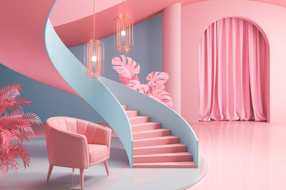 A imagem ilustra cores que combinam com rosa através de uma ilustração de casa de boneca com móveis em pink.