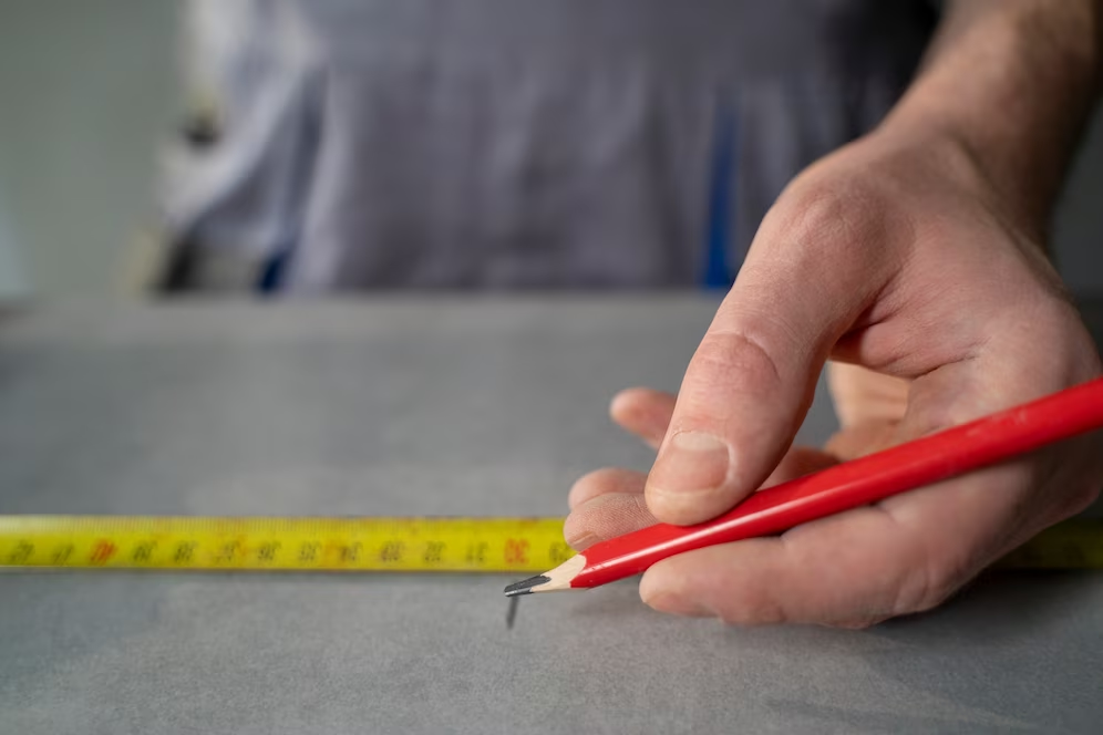 A imagem ilustra uma mão segurando um lápis vermelho e uma fita métrica amarela, medindo uma pedra para bancada de cozinha.