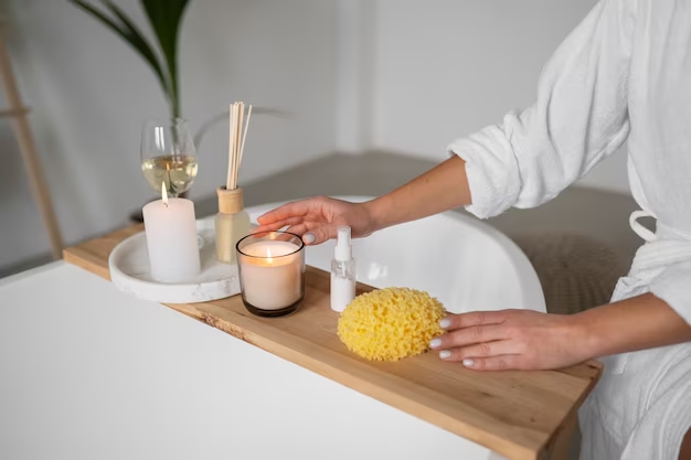 A imagem ilustra o que é aromaterapia através de um banheiro com uma banheira branca, sendo que, sobre ela, existe uma tábua de madeira com mãos segurando uma vela aromática e outros itens de banho.