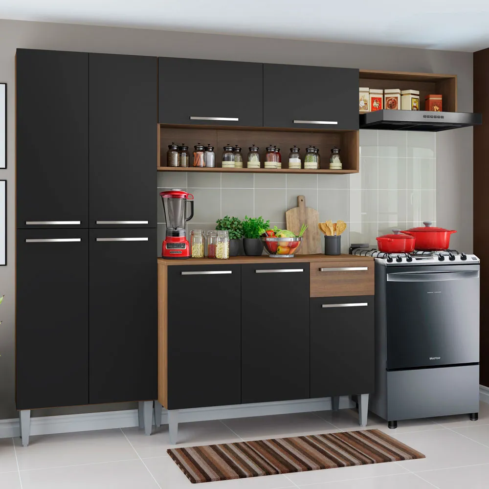 Cozinha compacta Emily Top Madesa XP, nas cores preto e rustic, decorada com utensílios e eletrodomésticos.