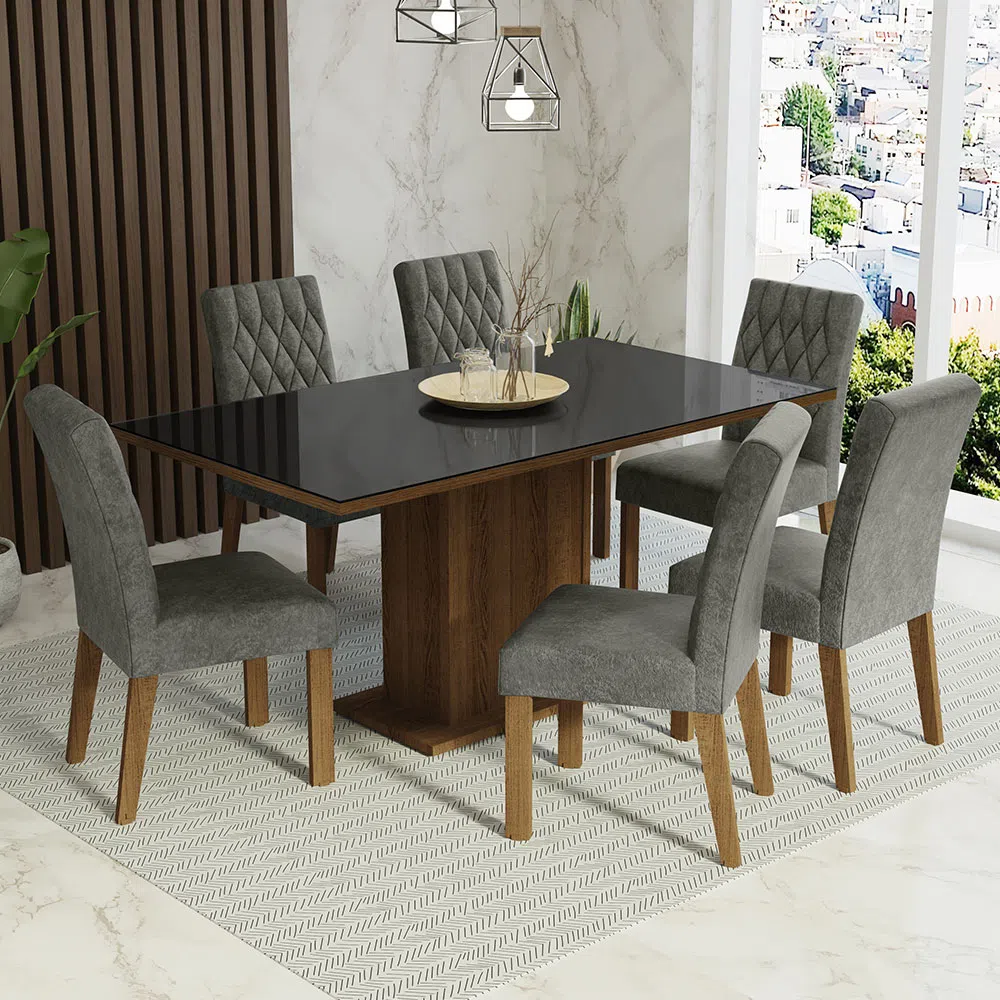 Conjunto de sala de jantar Madesa, com mesa de tampo de vidro na cor preta e 6 cadeiras na cor cinza.