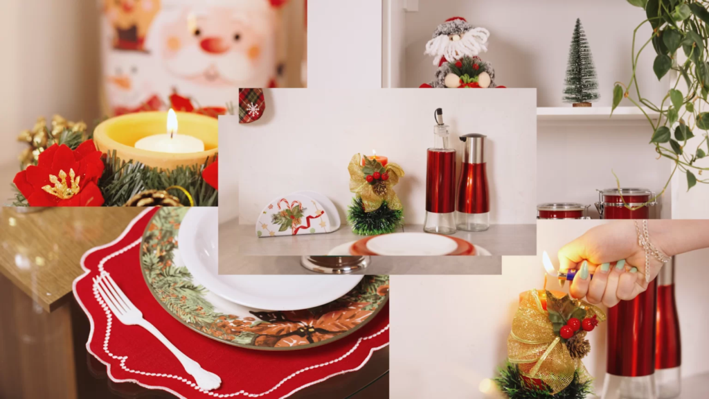 Quadro com 5 imagens de decoração de Natal, como mini enfeites em prateleiras, velas, e pratos em mesas e bancadas.