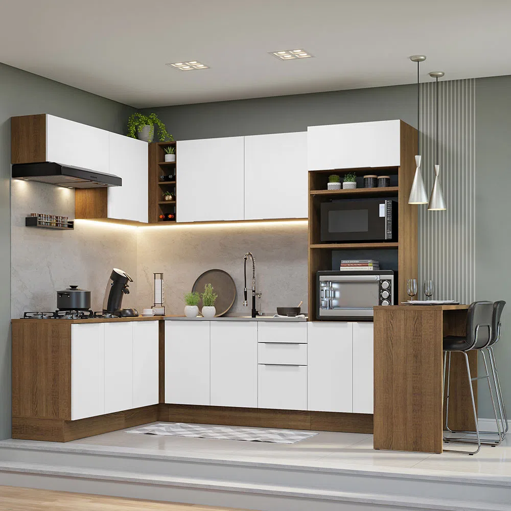 Foto aberta da cozinha de canto Stella, nas cores branco e rustic, decorada com utensílios e eletrodomésticos.