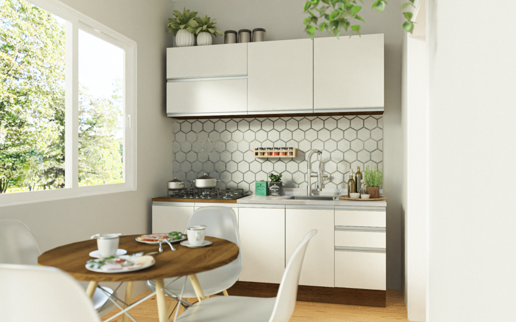 Cozinha Madesa Glamy, nas cores branco e rustic, decorado com utensílios de cozinha e eletrodomésticos.