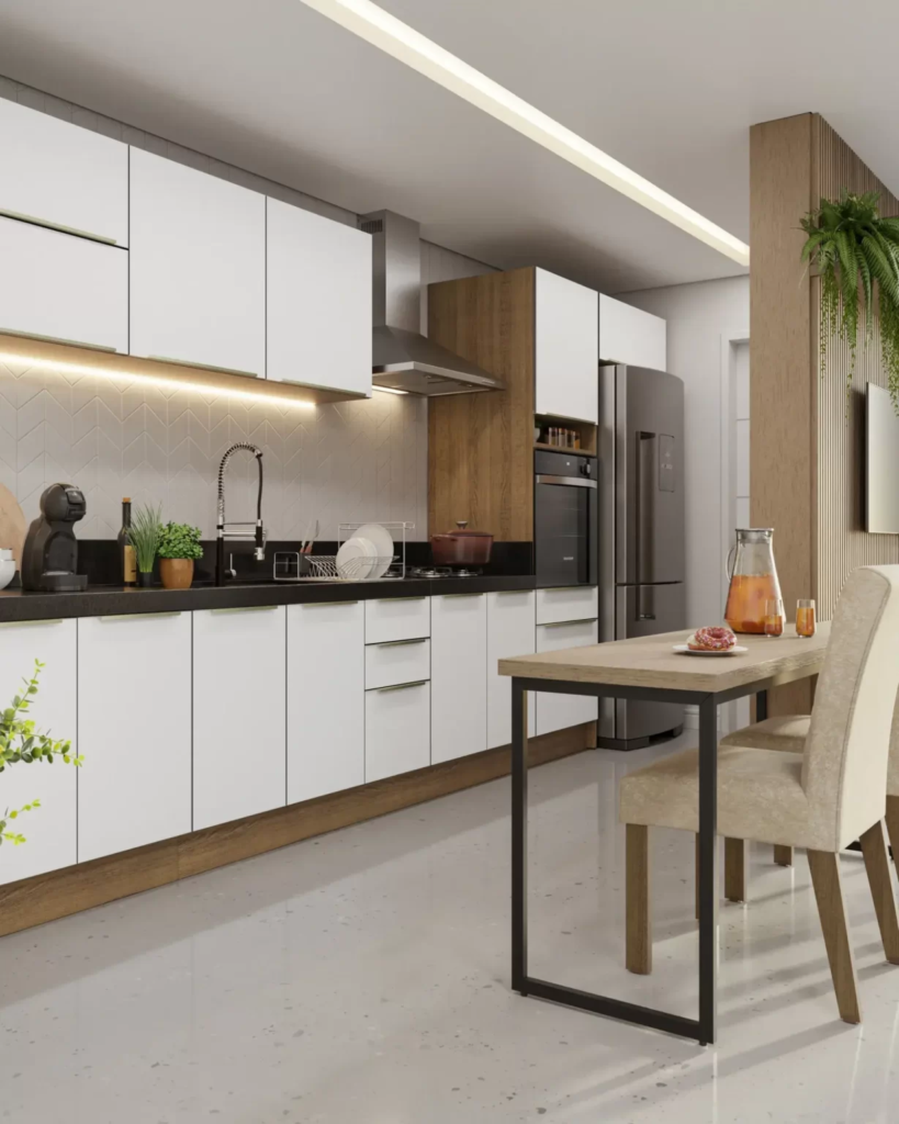 Cozinha Madesa Reims, nas cores branco e rustic, com mesa compacta à direita dividindo os ambientes.