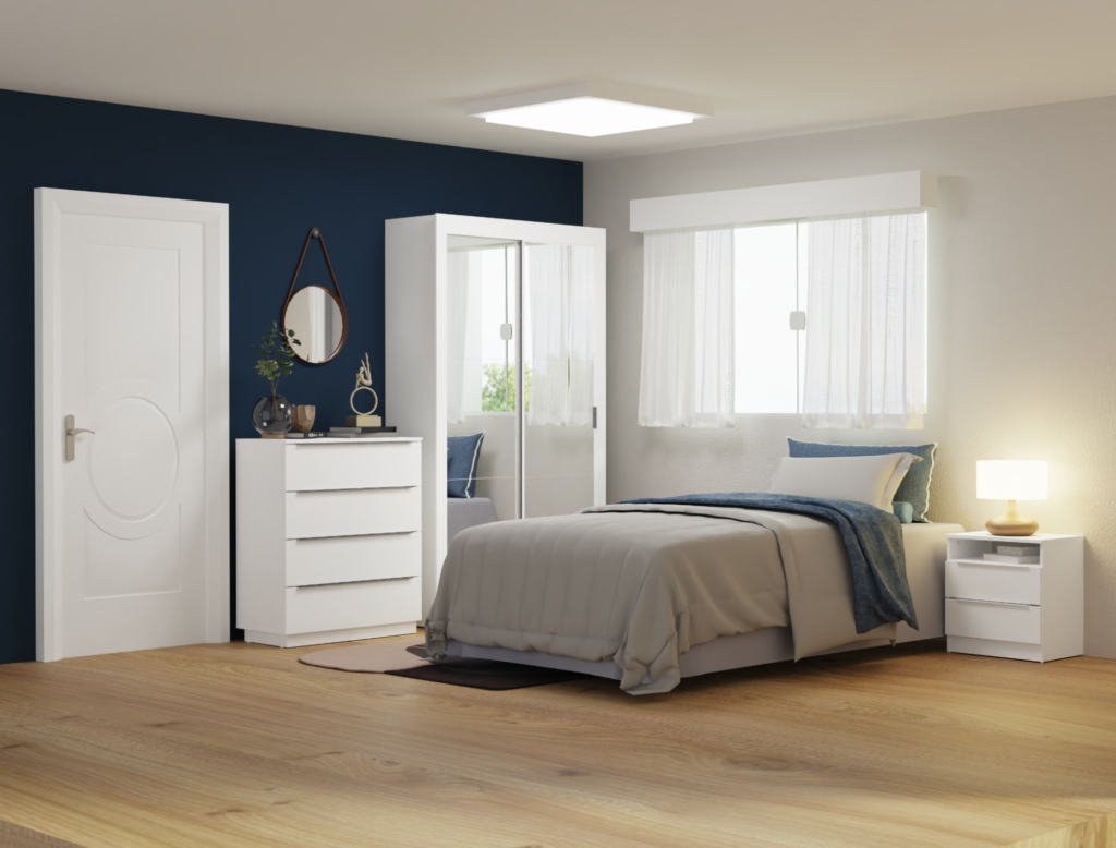 quarto renderizado com cama de lençóis azuis e brancos e móveis brancos, chão de madeira e parede azul escura. Atrás da cama tem uma janela aberta com cortinas brancas.