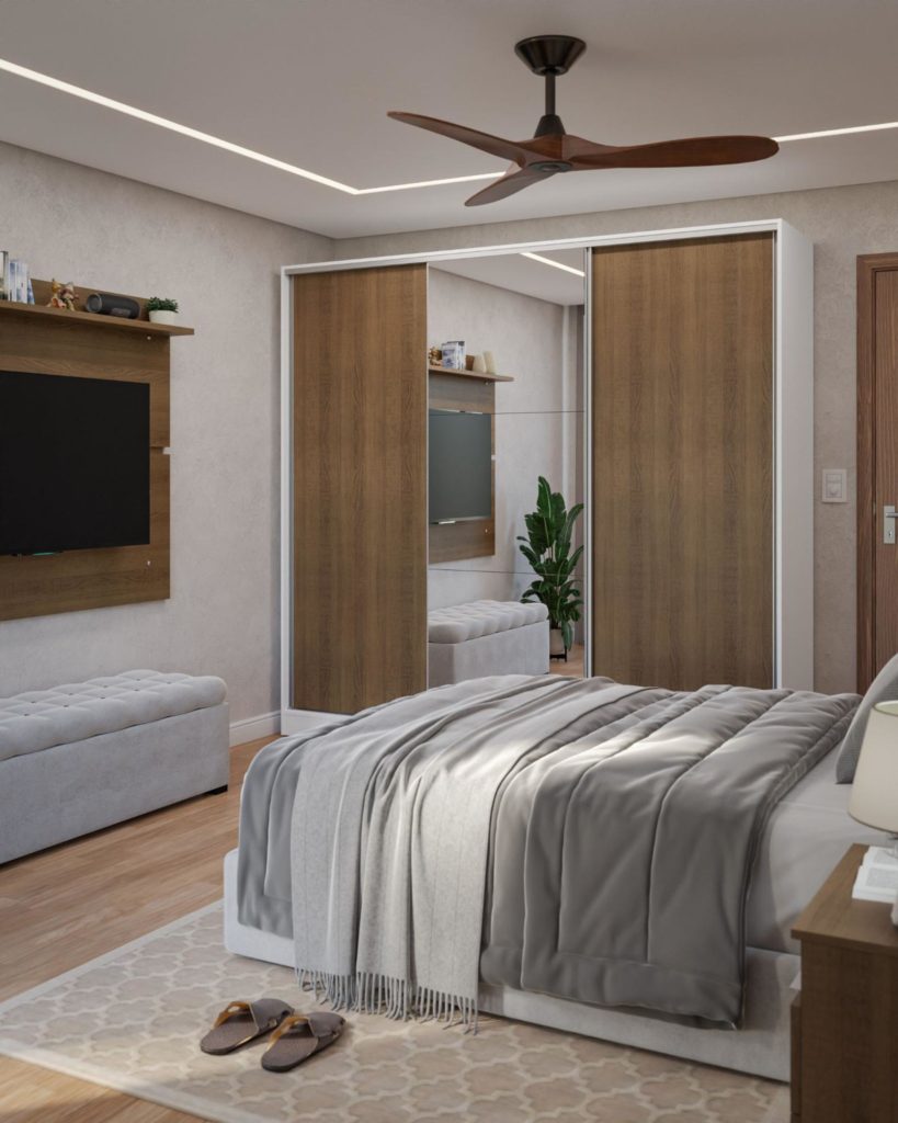 renderização de quarto com cama de casal e lençois cinza, painel de tv e guarda-roupas Madesa com portas e detalhes em madeira.