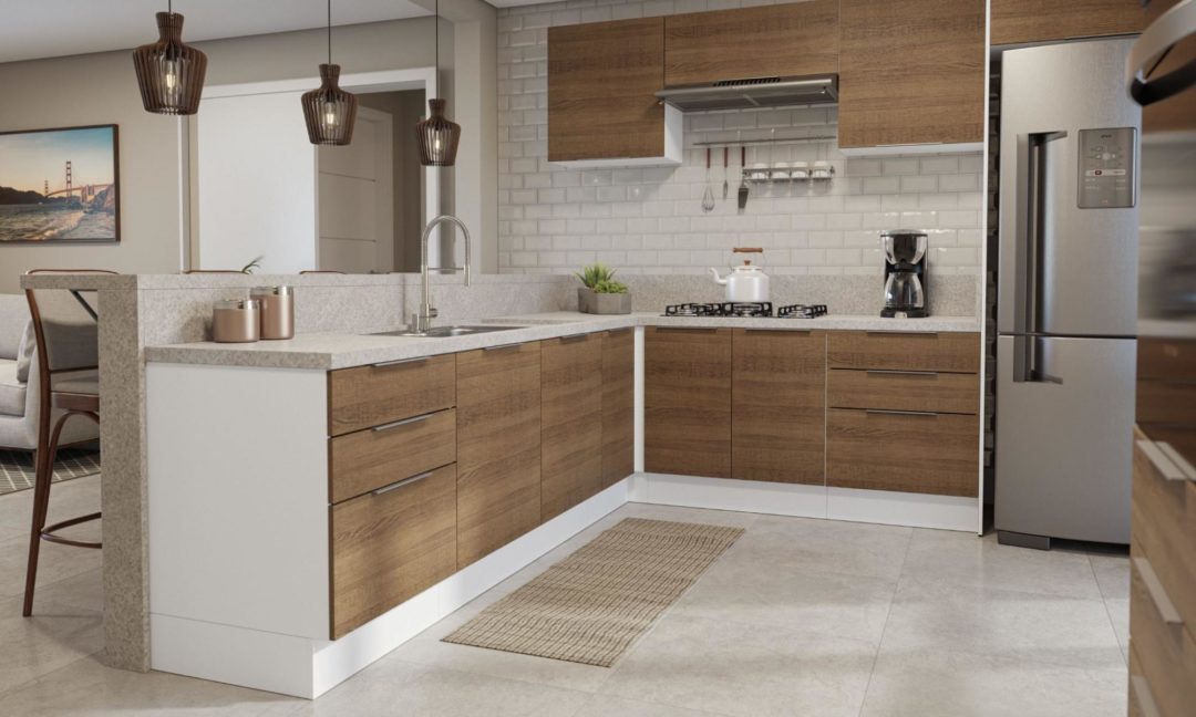 uma cozinha moderna com armários de madeira, um fogão a gás com uma chaleira em cima, uma cafeteira e uma geladeira de aço inoxidável. O balcão é claro e texturizado, e há plantas decorativas em um vaso. Pendentes de luz estão acima da bancada.
