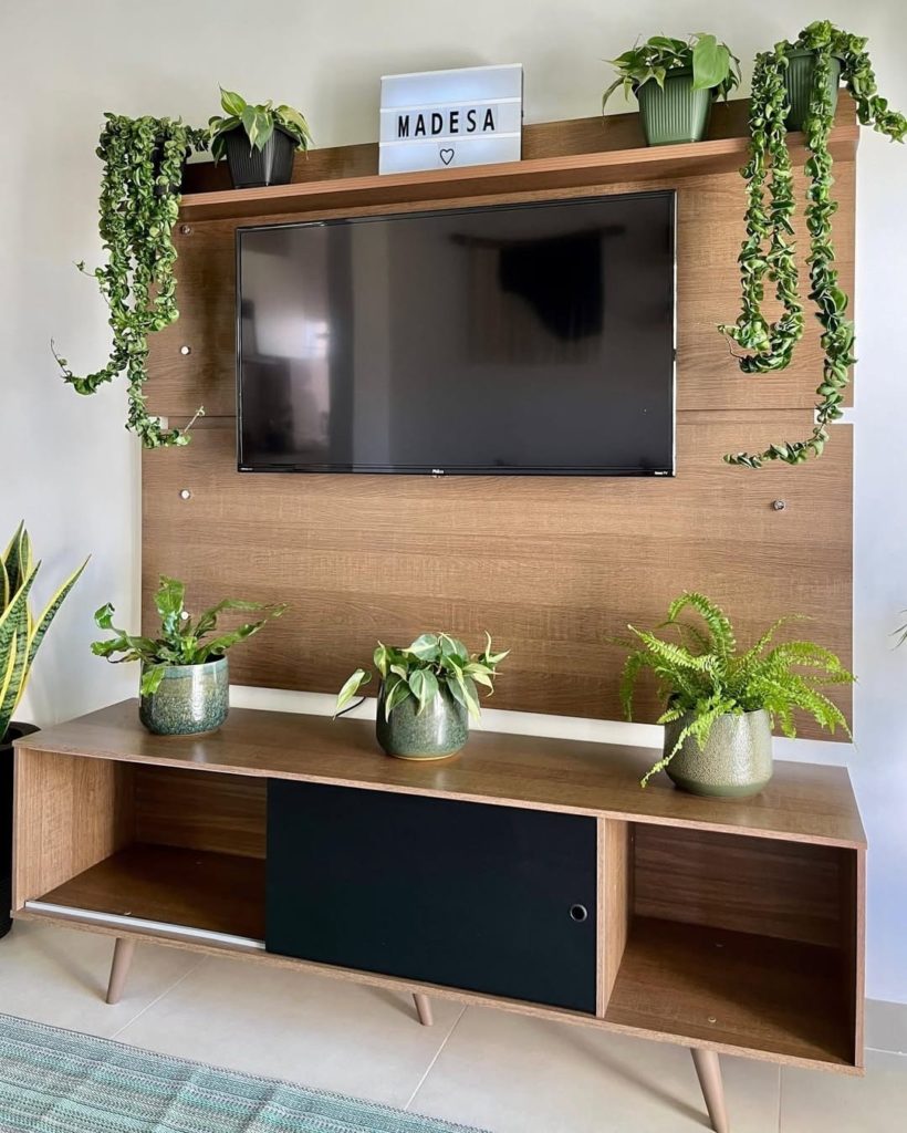 Painel de madeira rústica com televisão, acompanhado de um rack de madeira com gavetas e espaço aberto, decorado com vasos de plantas verdes.