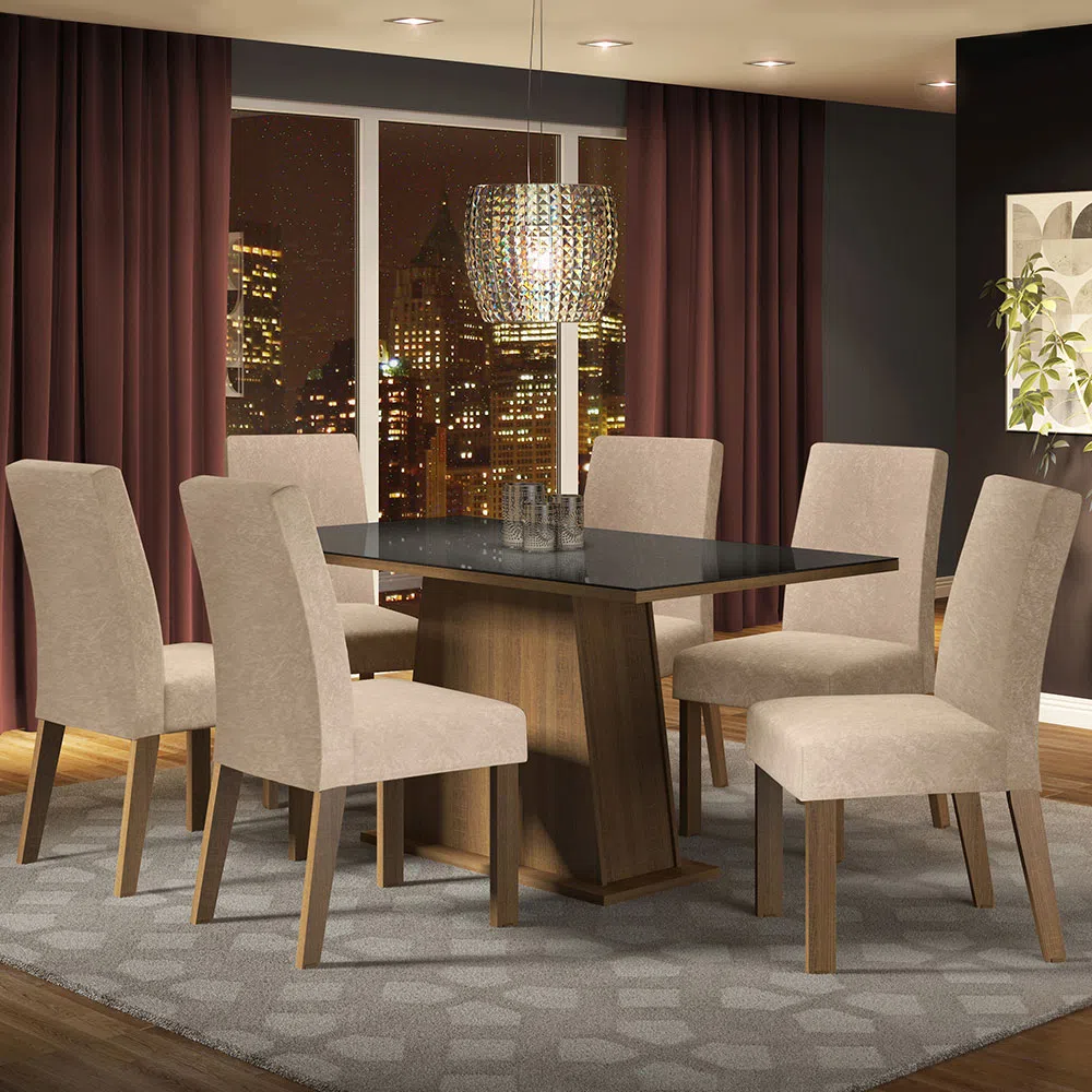 Mesa de jantar com 6 cadeiras com estofado, mesa preta com tampo de vidro em uma sala com parede escura e varanda com vista para prédios. Em cima da mesa um lustre.
