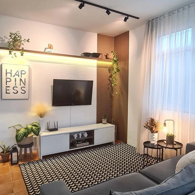 Sala de estar com rack Metz branco