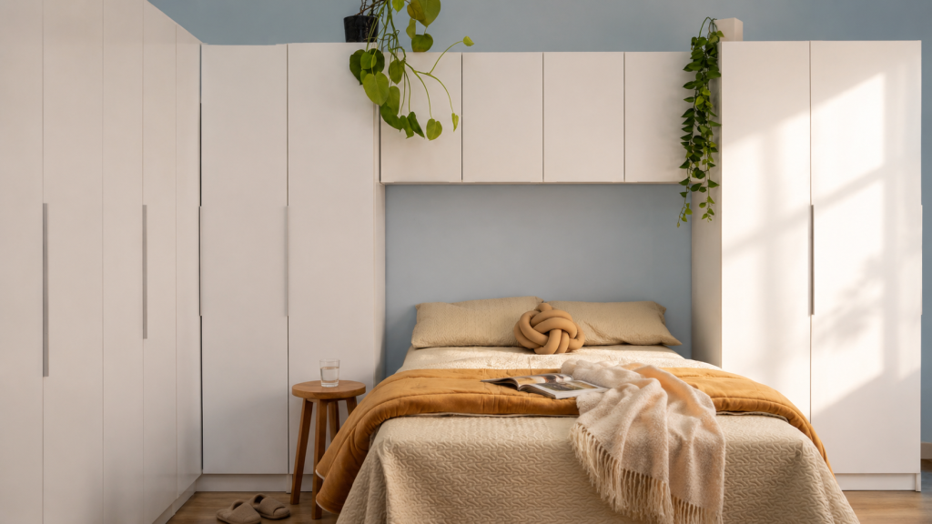 Guarda roupa planejado Neo branco em parede azul claro com cores para quarto bem definidas
