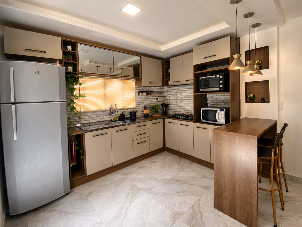 Cozinha planejada em L linha Agata crema da Madesa com geladeira, bancada e banquetas, na etapa de organização da casa.