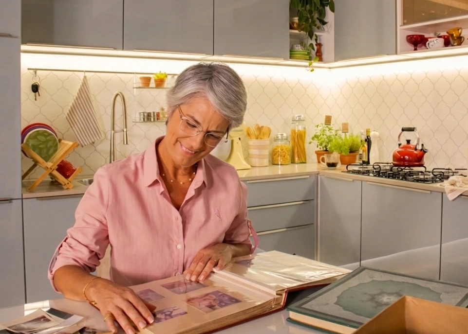 Cozinha planejada cinza linha Lux da Madesa com armários aéreos e iluminação embutida, em ambiente de apartamento.