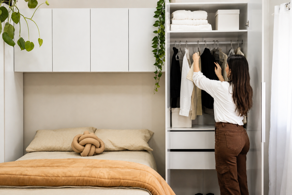 Quarto com guarda-roupa modulado linha NEO da Madesa e módulos aéreos sobre a cama, mulher organizando as roupas.
