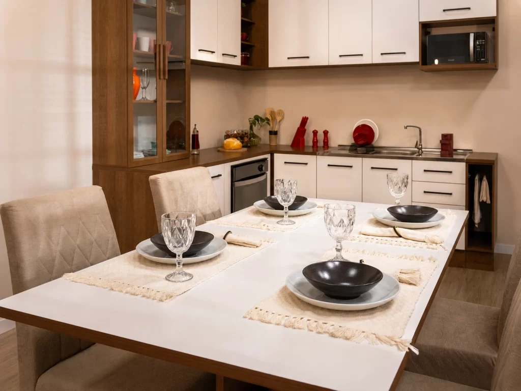Mesa de jantar com cadeiras estofadas Madesa posta para quatro lugares, integrada à cozinha de um apartamento.