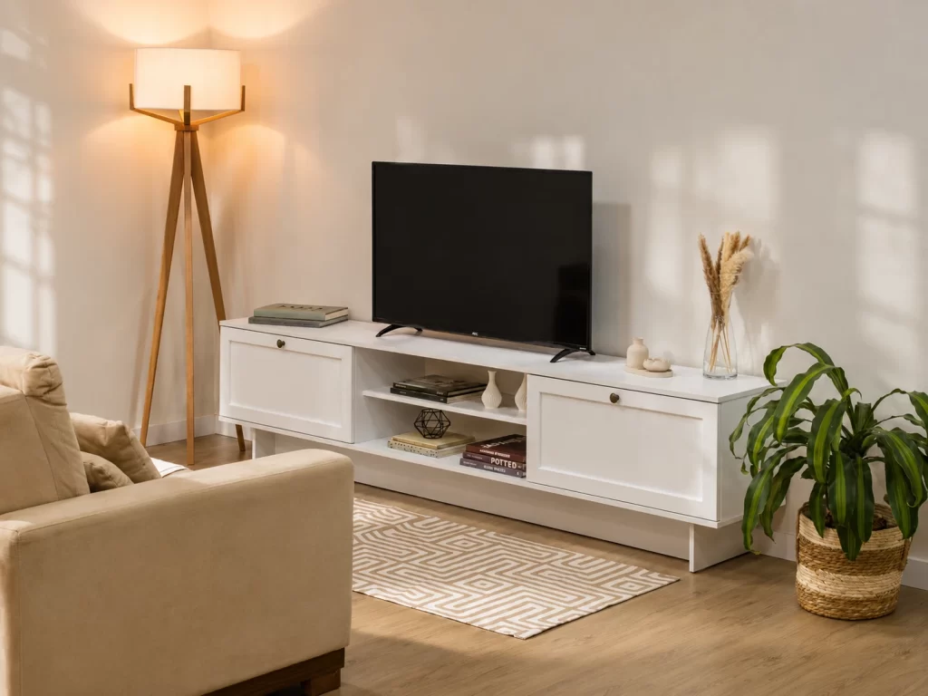Rack branco linha Vik da Madesa com TV em sala de estar de apartamento, com poltrona e luminária de piso.