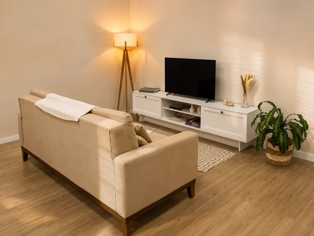 Sala de estar com sofá bege e rack branco linha Vik da Madesa com TV, na etapa de móveis de convivência.
