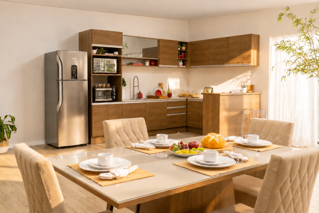 Sala de jantar integrada à cozinha com mesa retangular de 4 lugares, exemplo das medidas de mesa de jantar para ambientes integrados