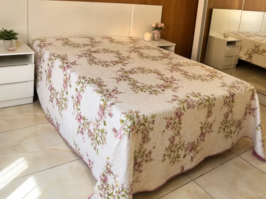 Cabeceira Madesa branca em quarto de casal com colcha floral e criados-mudos brancos.