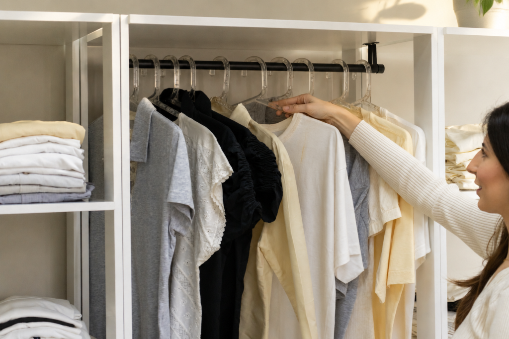 Guarda-roupa Madesa branco já montado, com roupas organizadas em araras e prateleiras