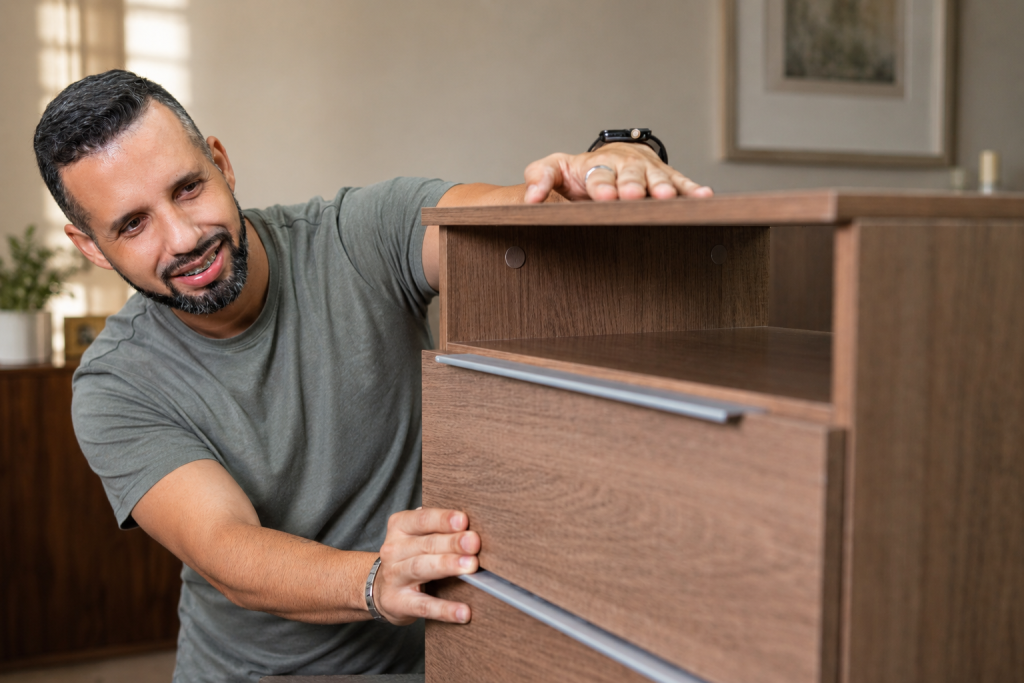 Homem posicionando as laterais durante a montagem de um guarda-roupa Madesa amadeirado