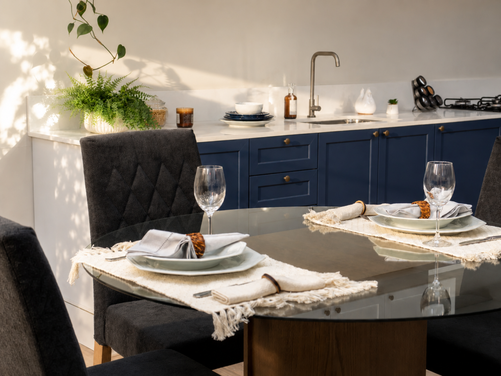 Mesa de jantar com tampo de vidro em sala integrada à cozinha azul, com espaço de circulação ao redor