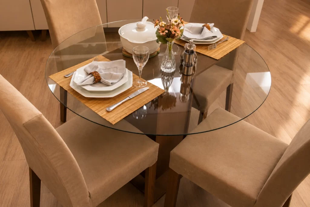 Mesa de jantar redonda de vidro com 4 lugares, formato que facilita a circulação no ambiente